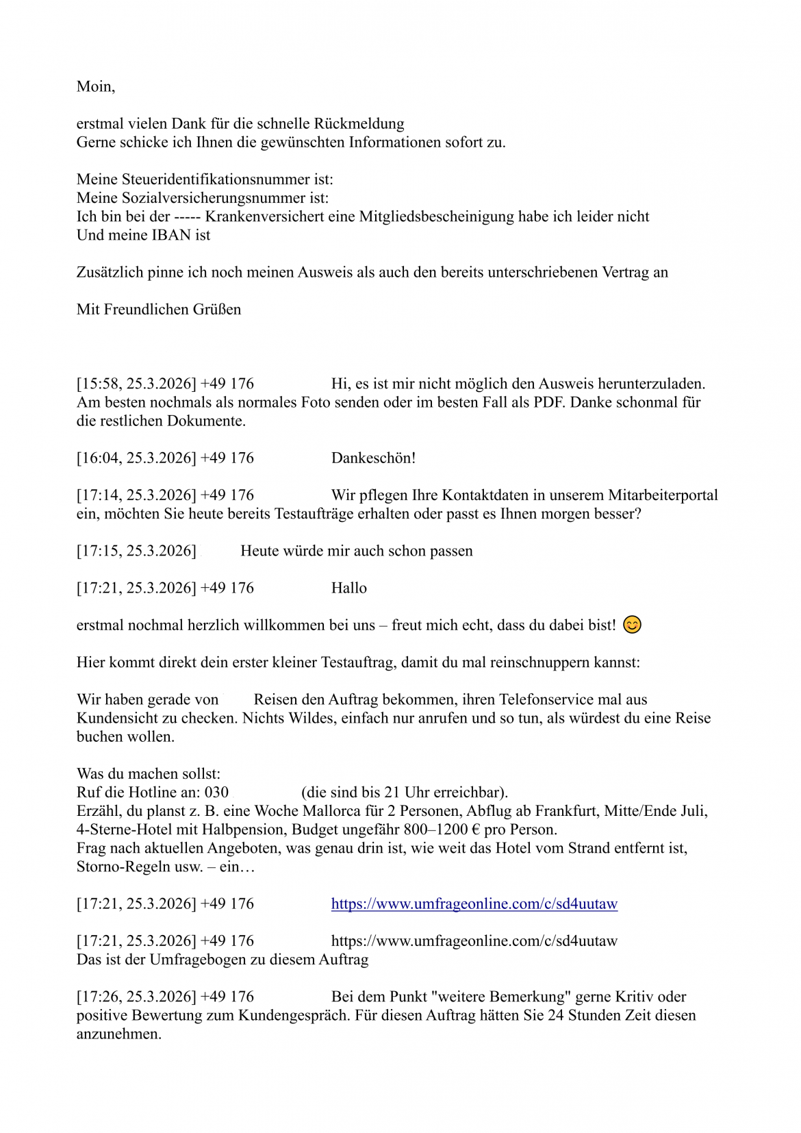 Gesprächsverlauf eines Jobscammingangebots, geführt in einem Messenger