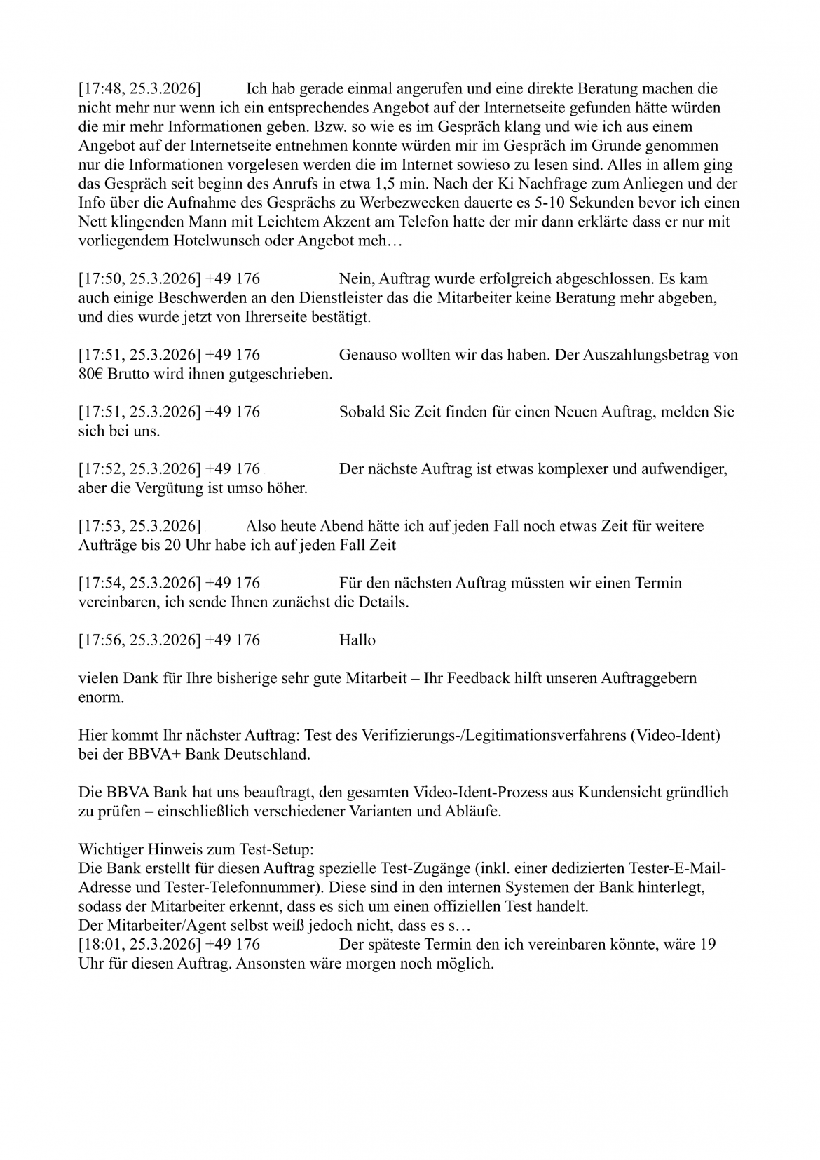 Gesprächsverlauf eines Jobscammingangebots, geführt in einem Messenger