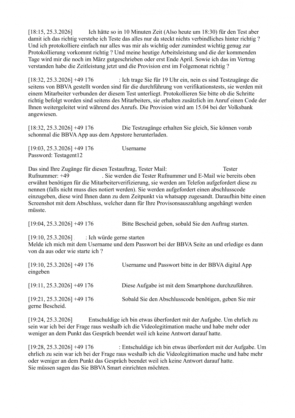 Gesprächsverlauf eines Jobscammingangebots, geführt in einem Messenger