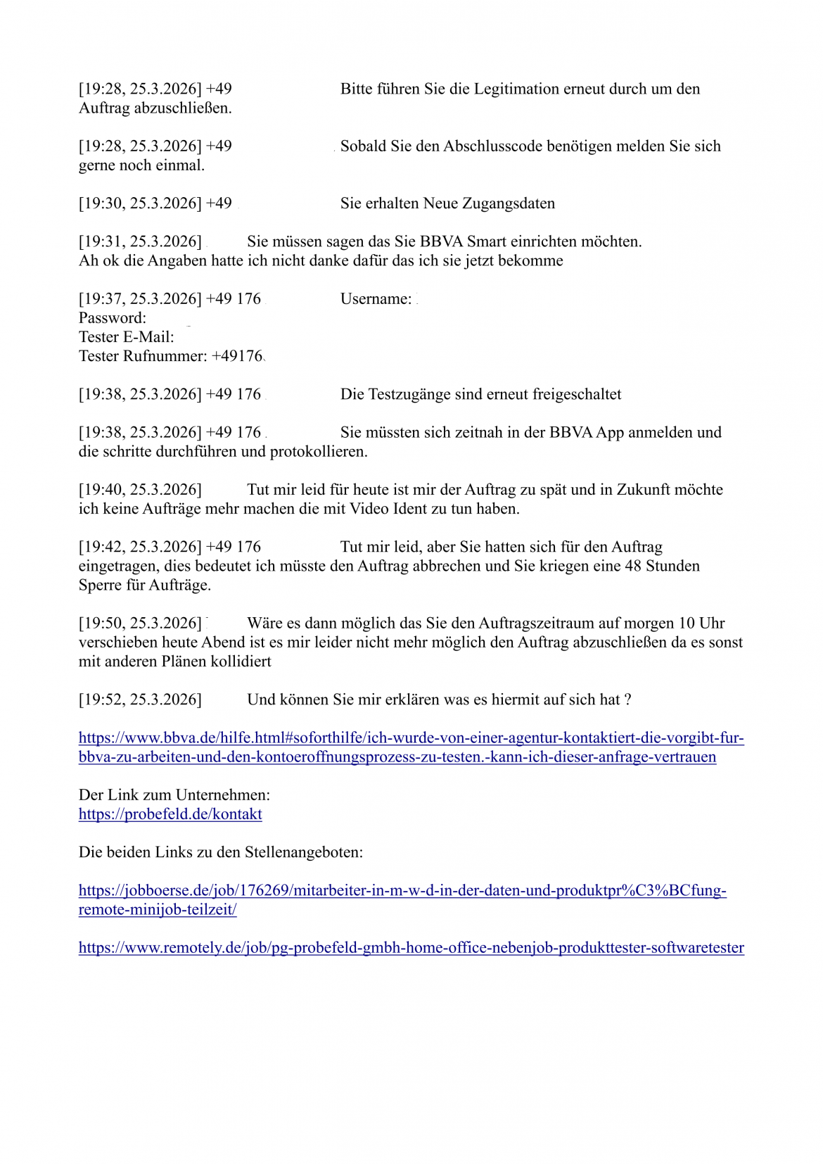 Gesprächsverlauf eines Jobscammingangebots, geführt in einem Messenger
