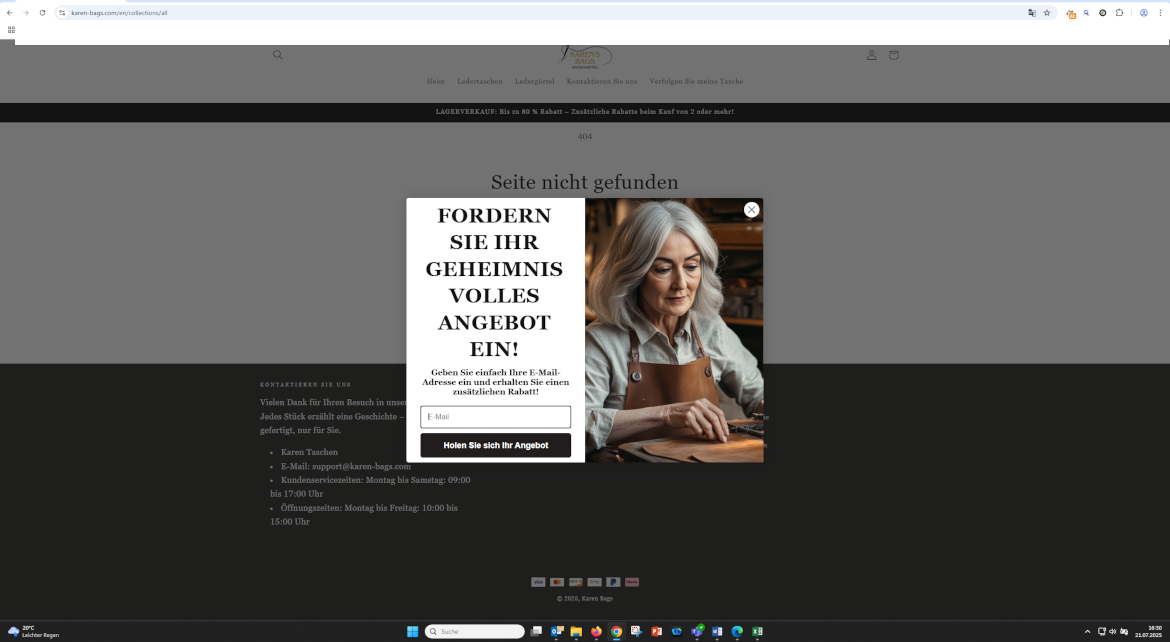 Screenshot KI generierter Fakeshop Karen Bags