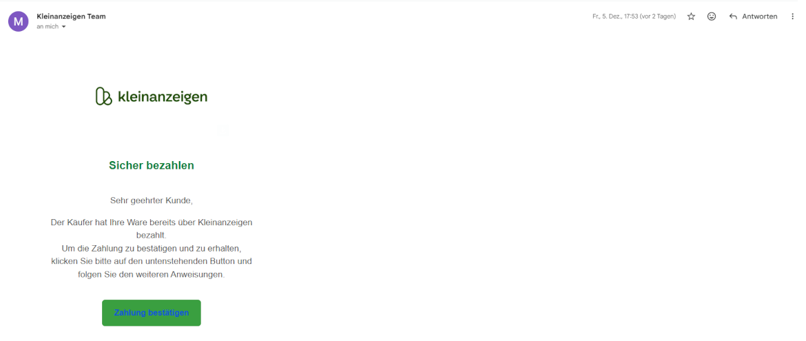 Auszug Phishing-E-Mail Sicher bezahlen Kleinanzeigen