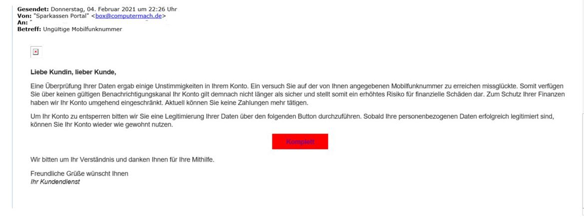 Auszug einer Email, eines Phishingversuchs