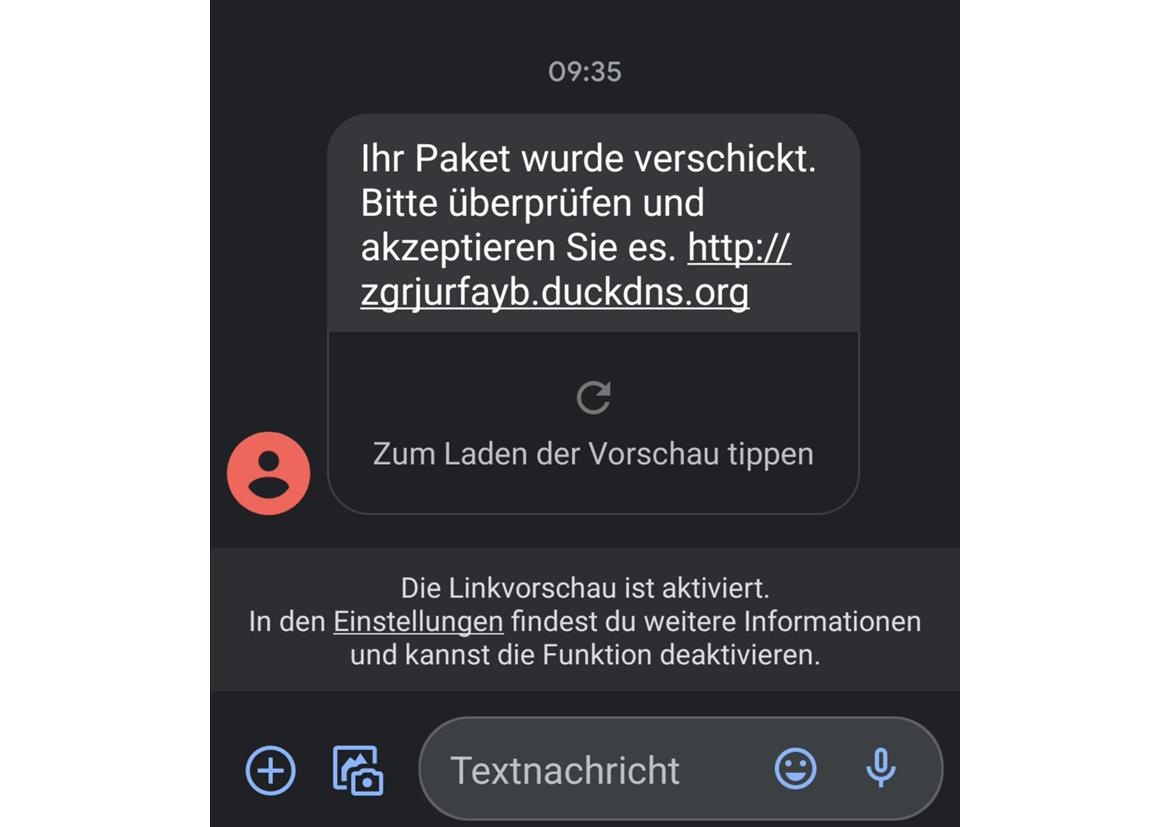 Screenshot eines Phishing-Versuchs per SMS