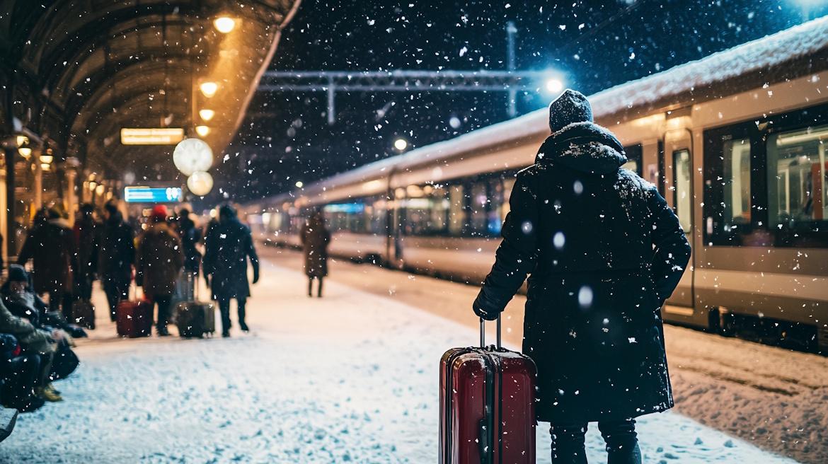 Menschen stehen am verschneiten Bahngleis