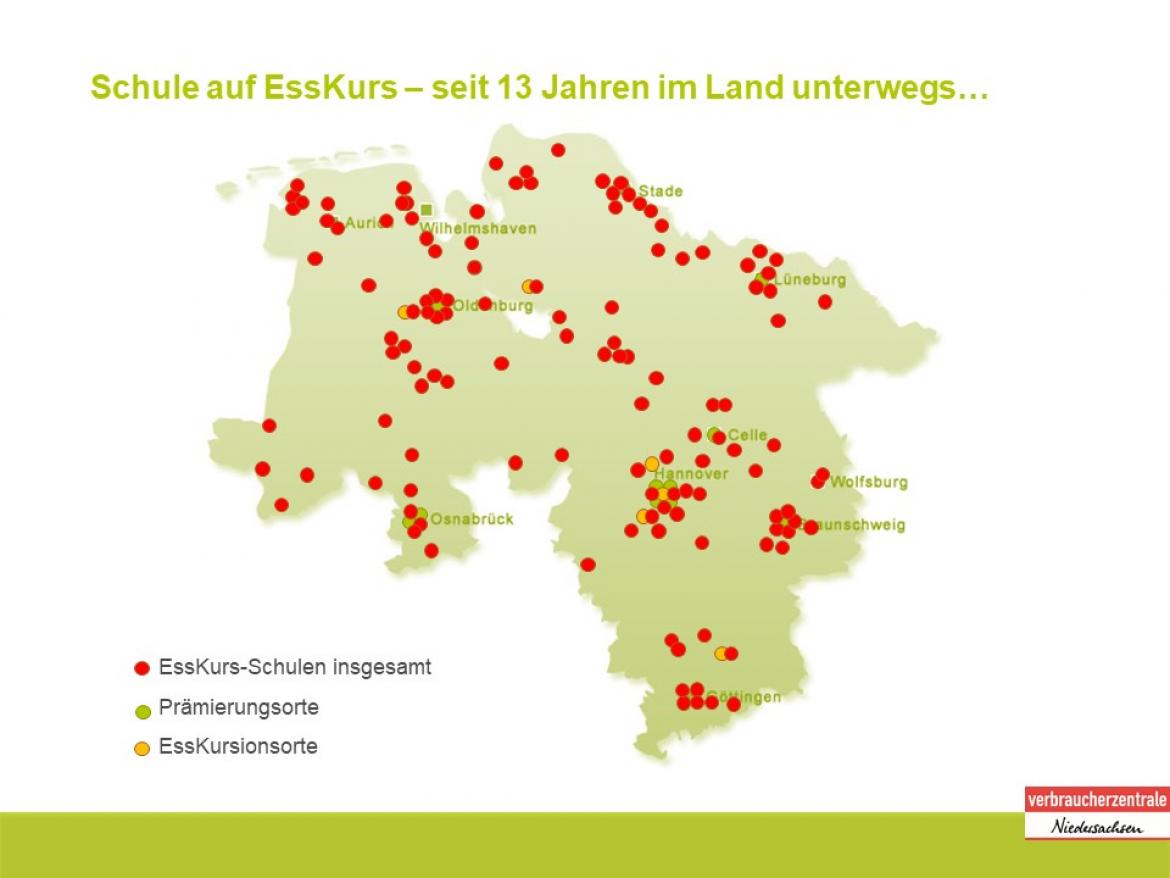 Niedersachsenkarte mit Standorten der Aktion Schule auf Esskurs des Ernährungsteams der Verbraucherzentrale