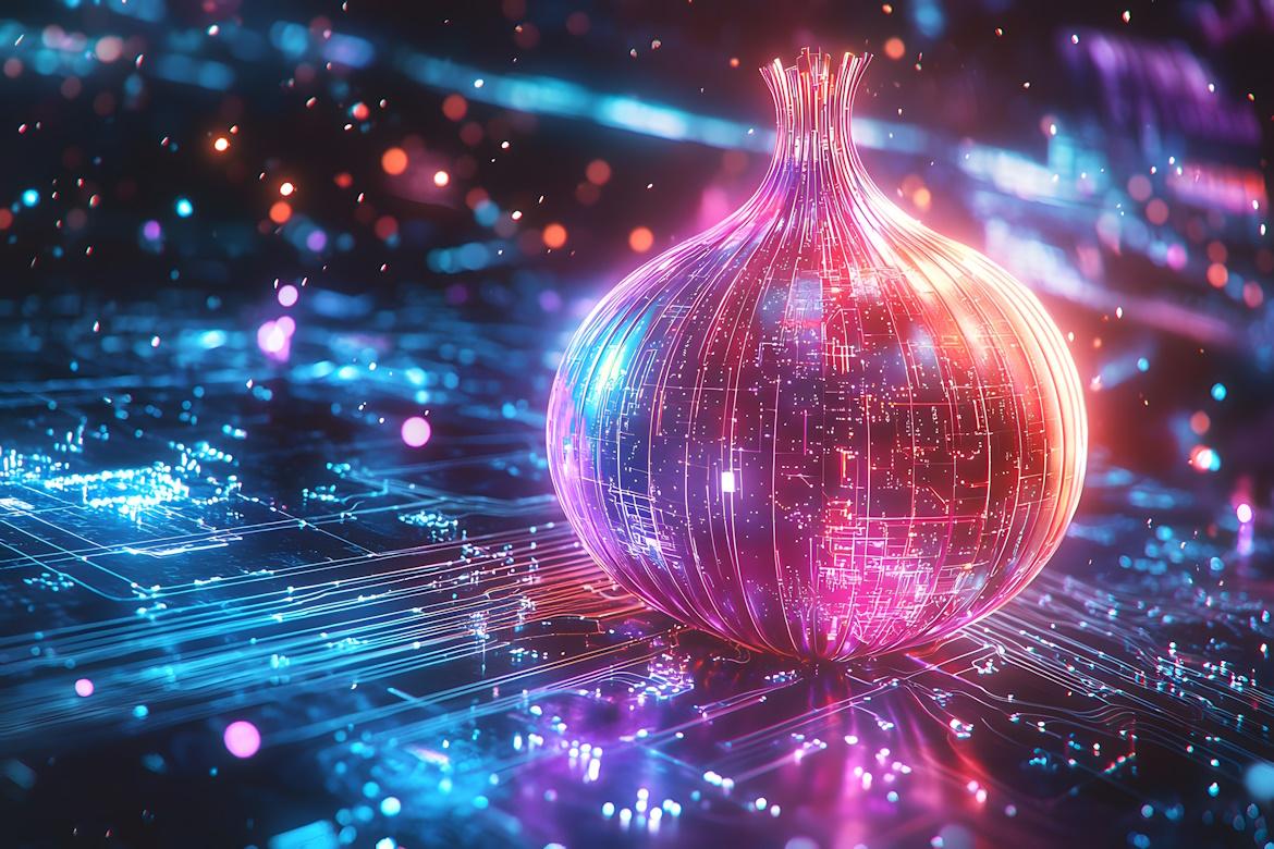 Schmuckbild: Futuristische 3 D Illustration Tor Browser Konzept mit leuchtendem Zwiebel Symbol