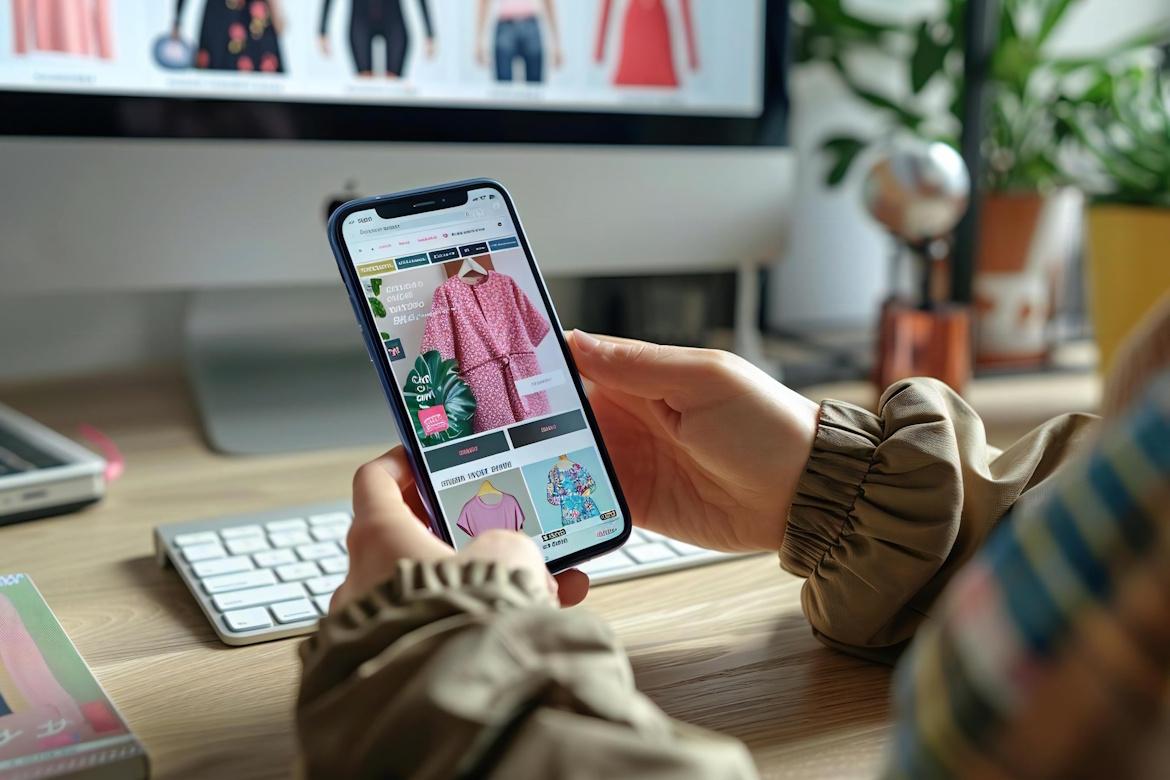 Nahaufnahme einer Hand mit Mobiltelefon beim Onlineshopping an Holztisch