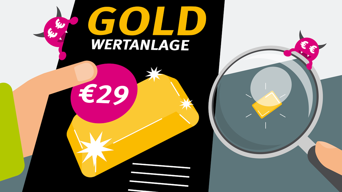 Grafik Flyer in Hand Gold mit wenig Geld anlagen plus Lupe