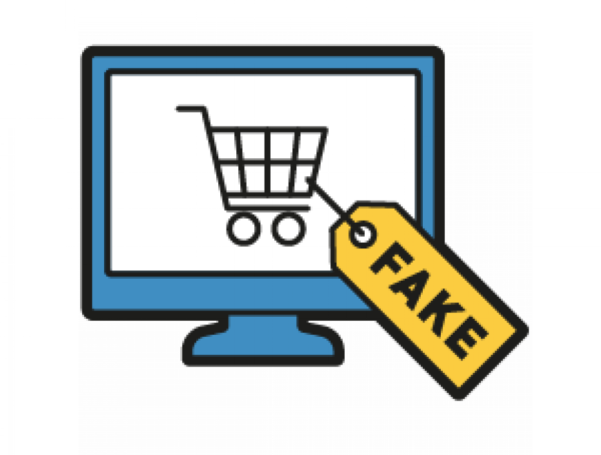 Grafische Darstellung Monitor, auf dem ein Einkaufswagen zu sehen ist mit einem Label Fake