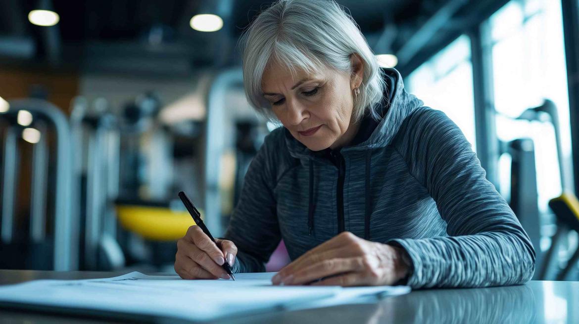 Ältere Frau unterschreibt Vertrag im Fitnesstudio