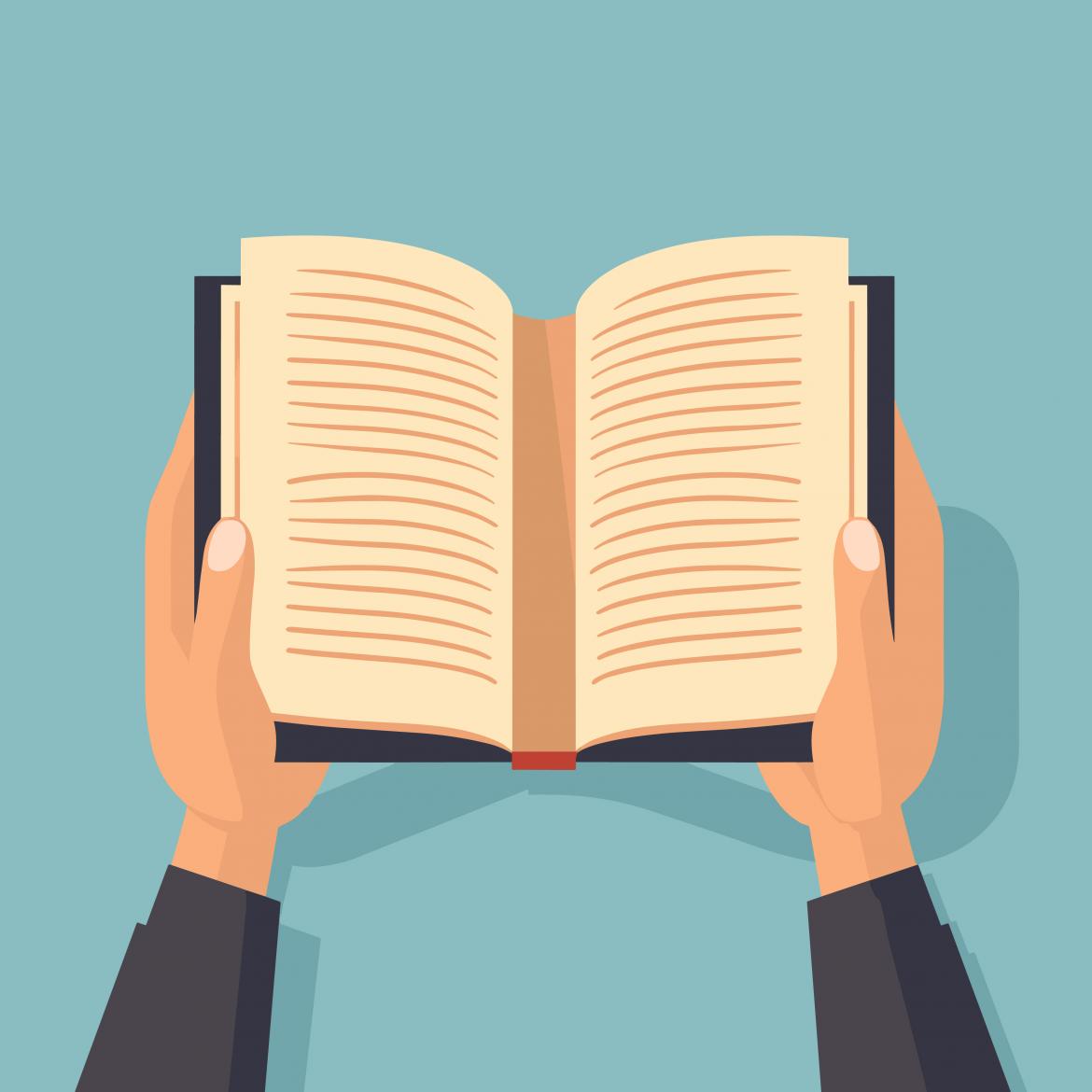 Grafik zwei Hände und ein offenes Buch mit Linien