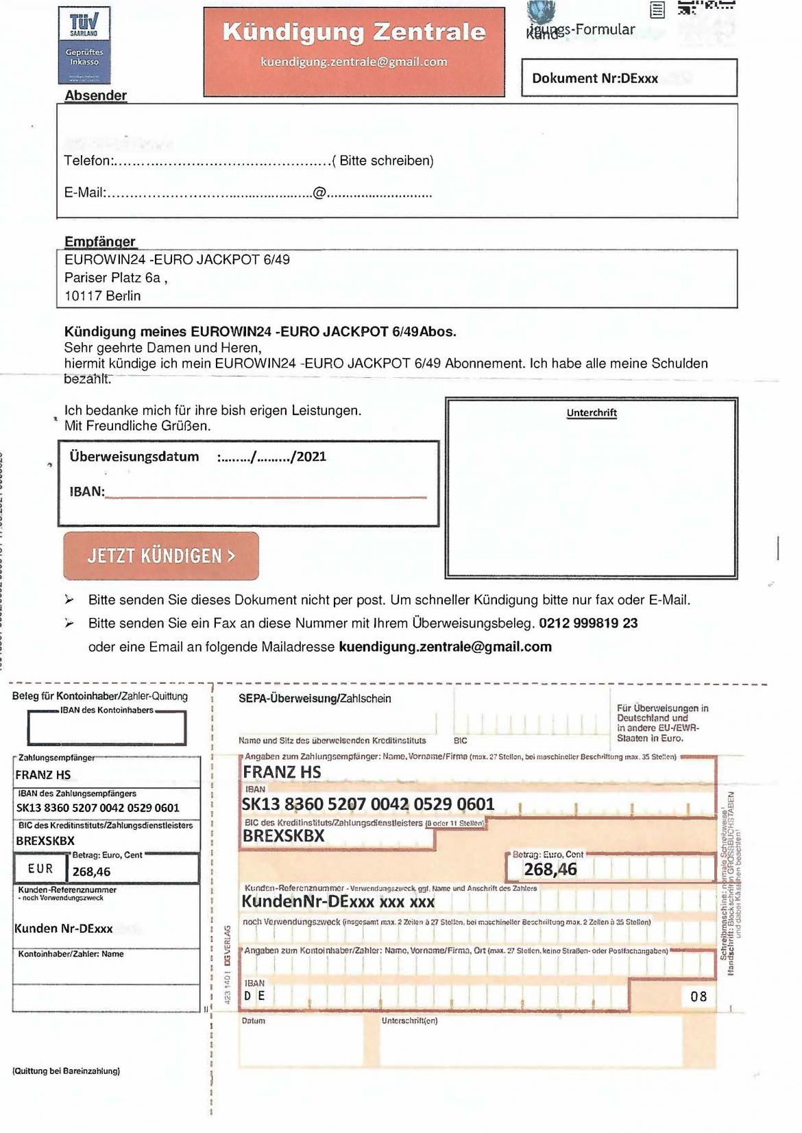 Inkassoschreiben Franz HS Eurowin24 2