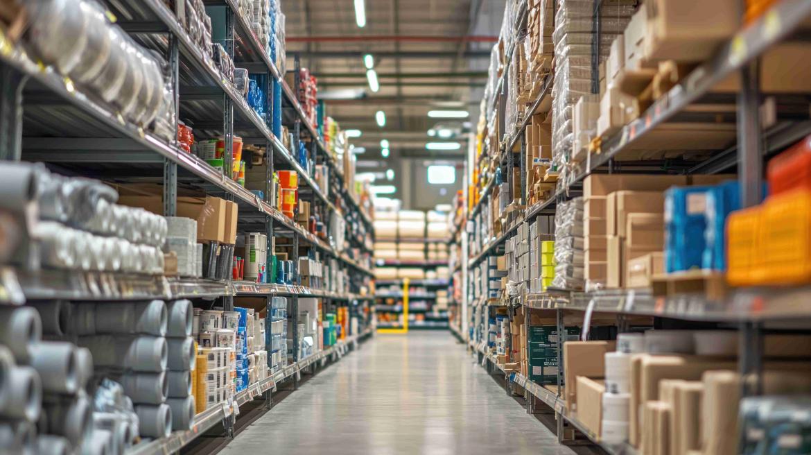 Eine Reihe mit Rohren und anderen Materialien im Baumarkt