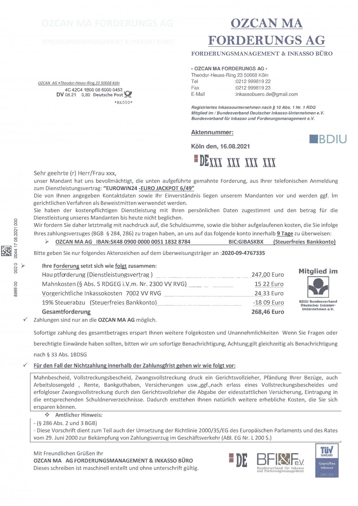 OZCAN MA Eurowin24 Inkassoschreiben