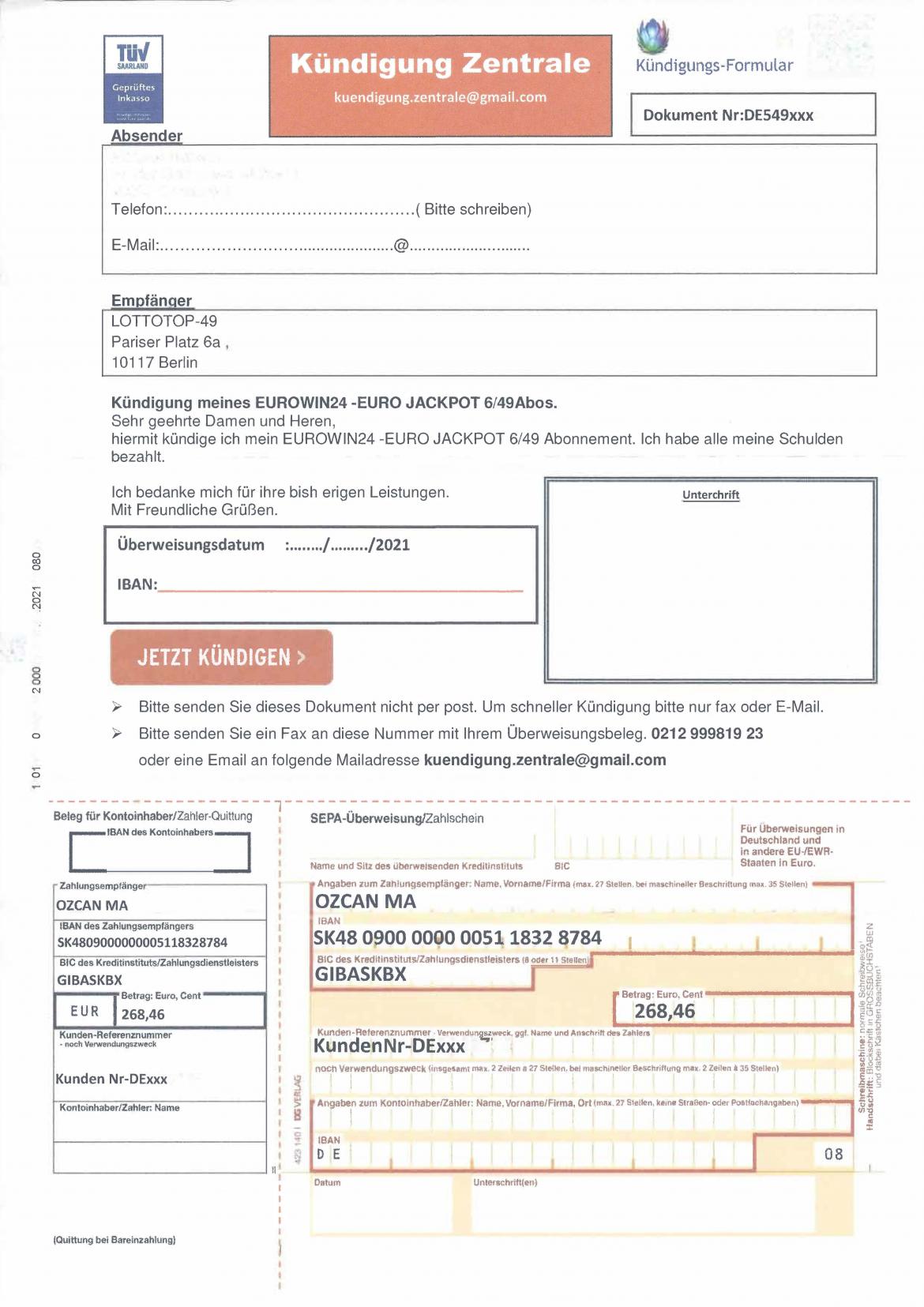 OZCAN MA Eurowin24 Inkassoschreiben 2