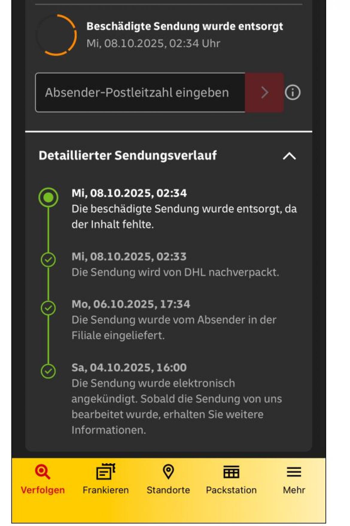 Screenshot Zalando DHL Retoure entsorgt