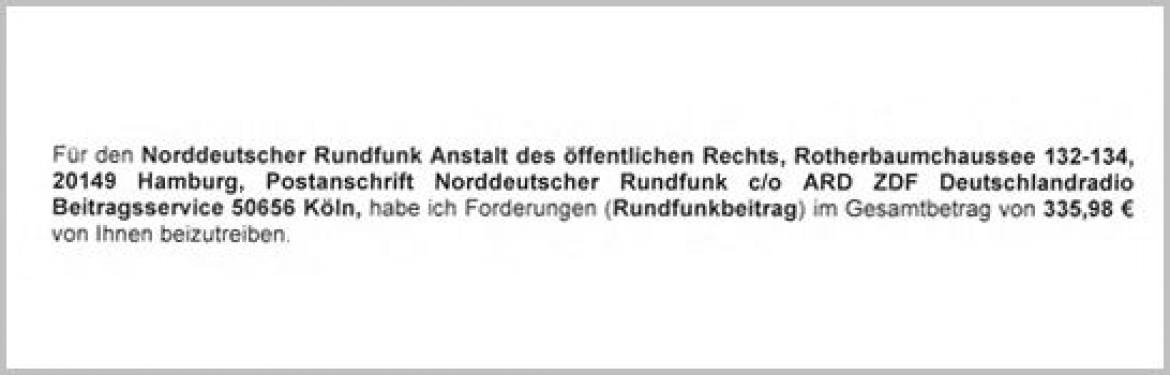 Text des Anschreibens (Vollstreckung im Auftrag des NDR)