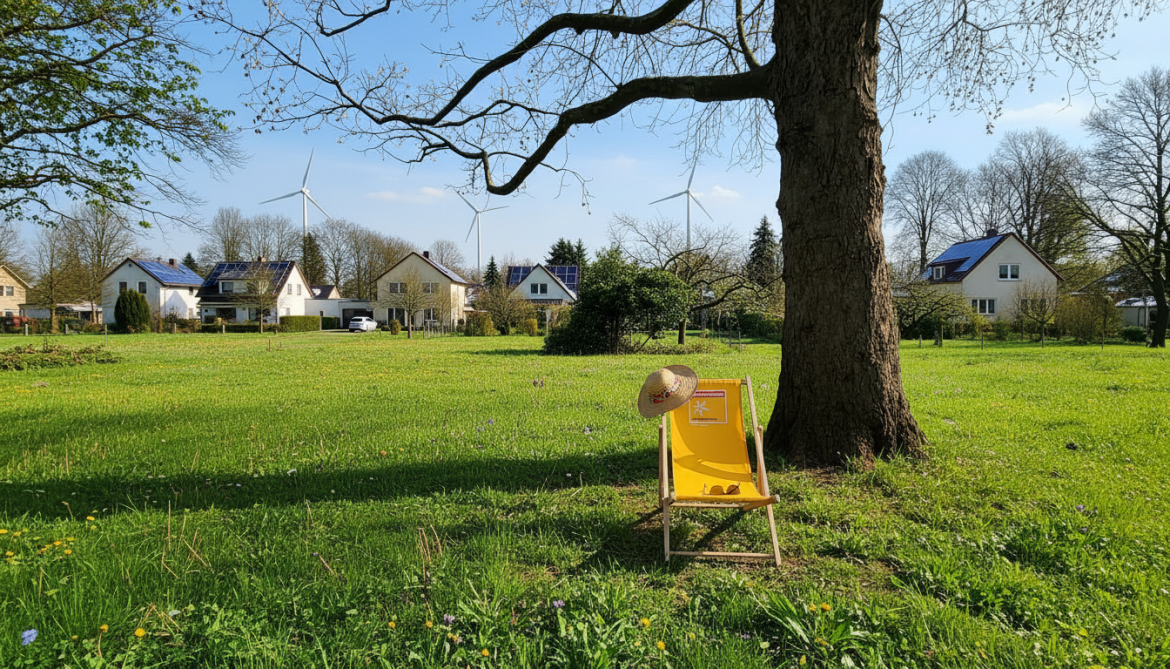 Energieberatung_Liegestuhl auf Wiese vor Wohngebiet_Sommer