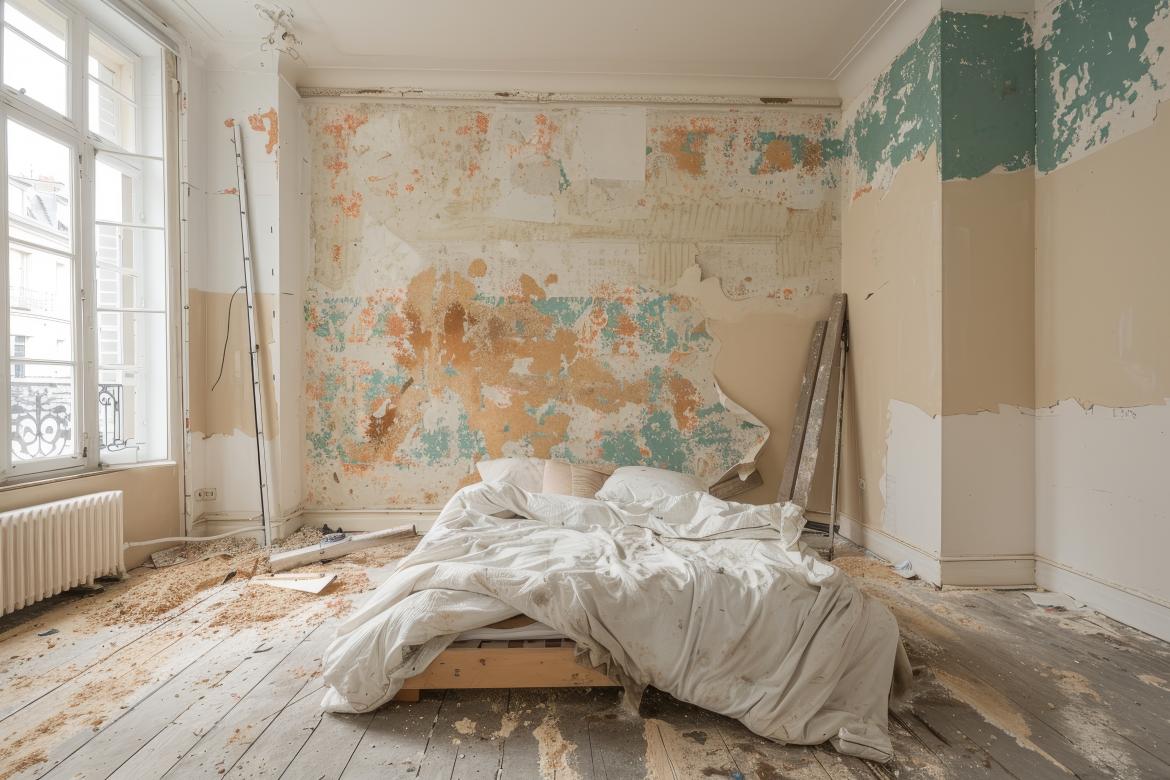 Bett in renovierungsbedürftigem Zimmer