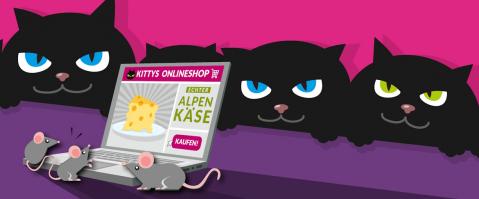 Zeichnung Katzen und Mäuse vor Laptop Weltverbrauchertag