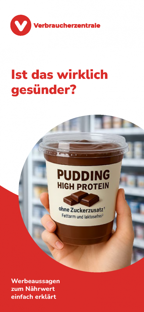 Flyer oben weiß unten rot. KI Bild High Protein Joghurt in Hand