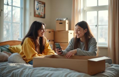 Zwei junge Frauen packen Kartons in Schlafraum aus