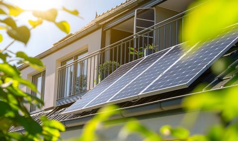 Kleine Solaranlage an Hausfassade im Sonnenschein