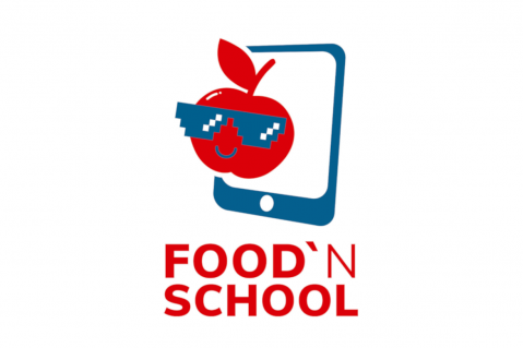 Roter Apfel mit blauer Sonnenbrille vor blauem Tablet, Schriftzug Food'nSchool