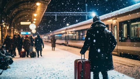 Menschen stehen am verschneiten Bahngleis